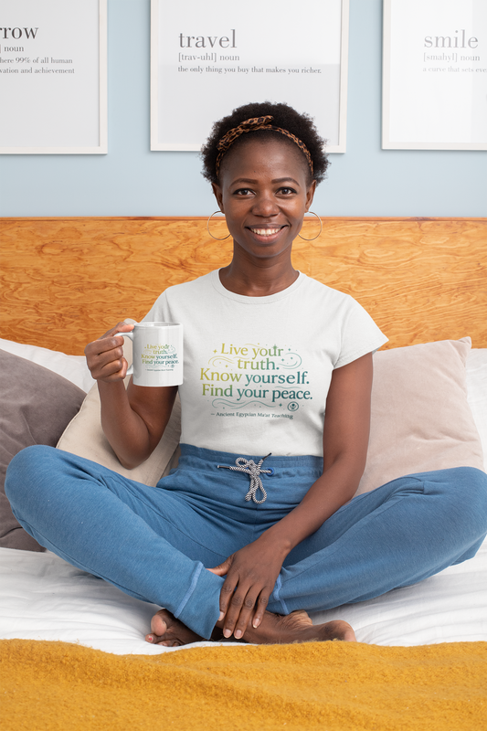 "Live Your Truth. Know Yourself. Find Your Peace." Ancient Egyptian Ma'at T-Shirt - 4,000-Year-Old Wisdom for Authentic Living